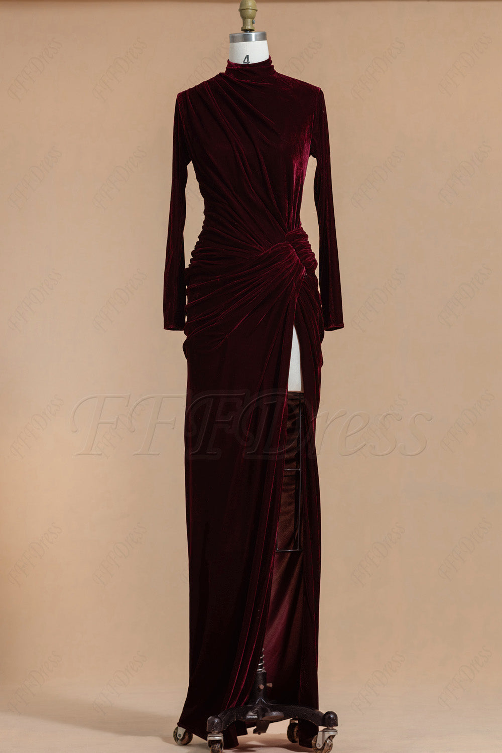 Dark burgundy modest velvet bridesmaid dresses long sleeves with slit formal dresses