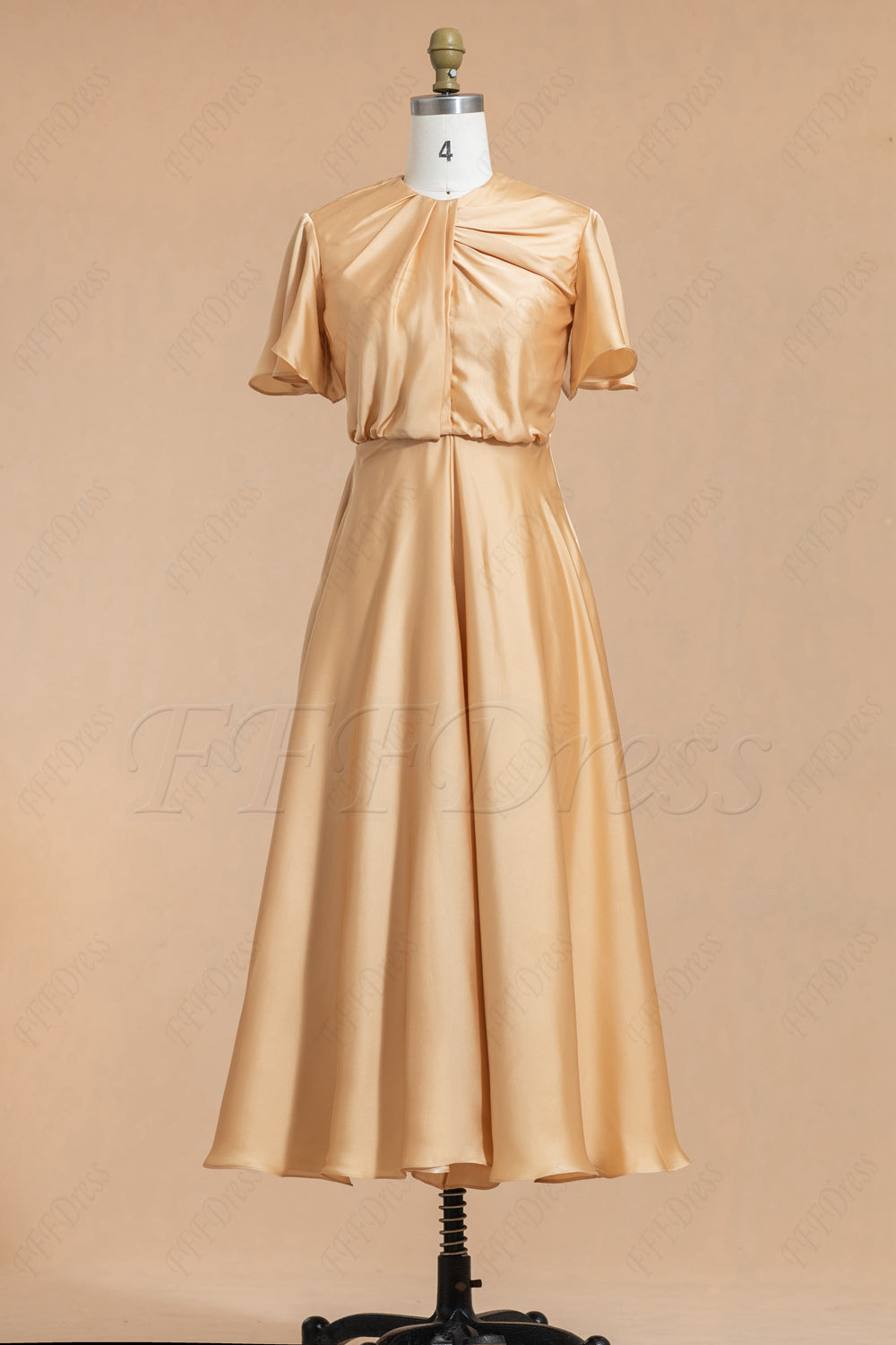 Rustic Gold midi bridesmaid dresses with sleeves