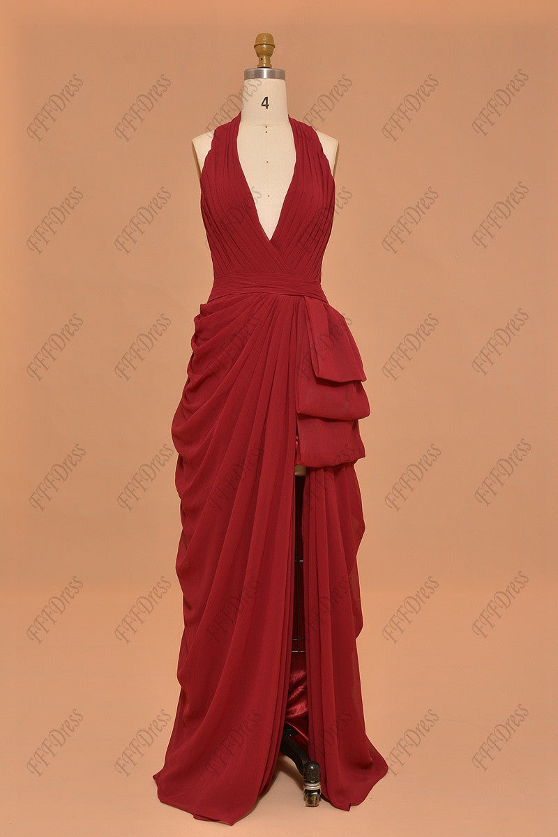 Halter burgundy backless prom dresses with slit