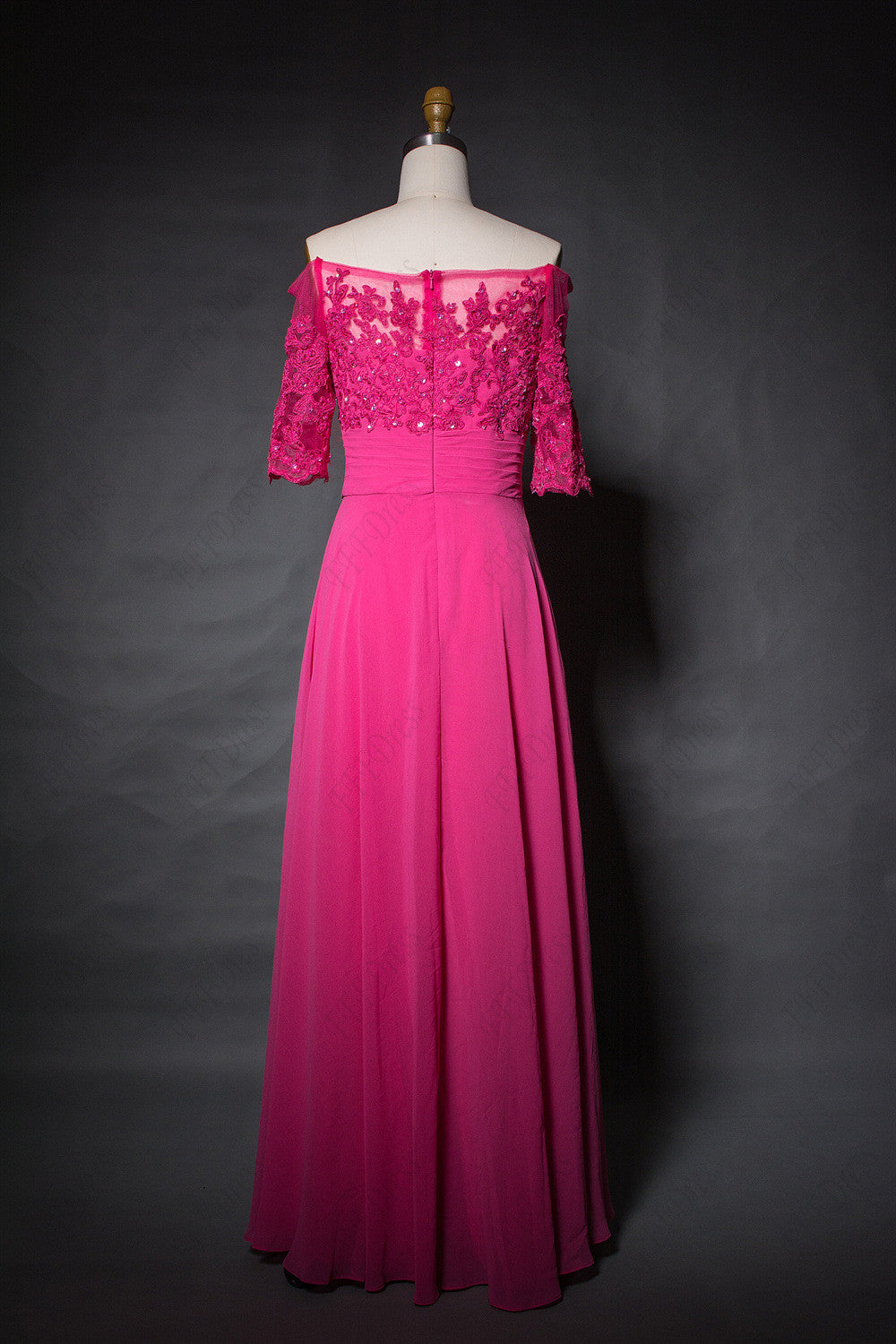 Off the shoulder fuchsia bridesmaid dress with sleeves
