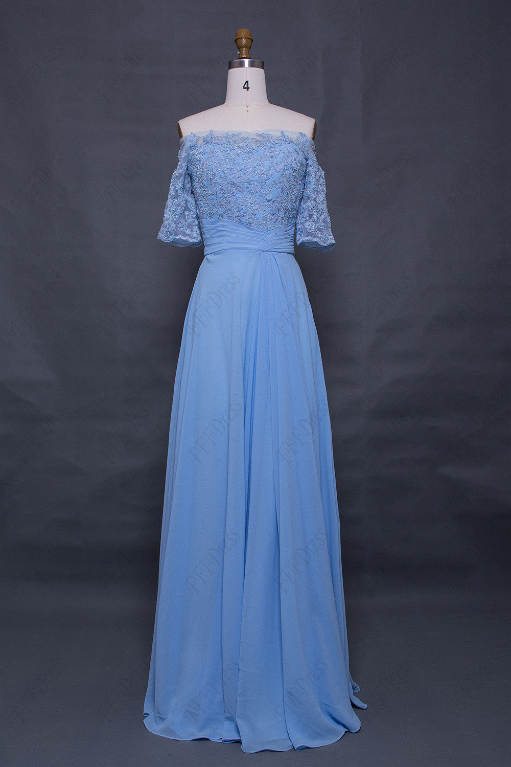 Light blue off the shoulder modest prom dress with sleeves