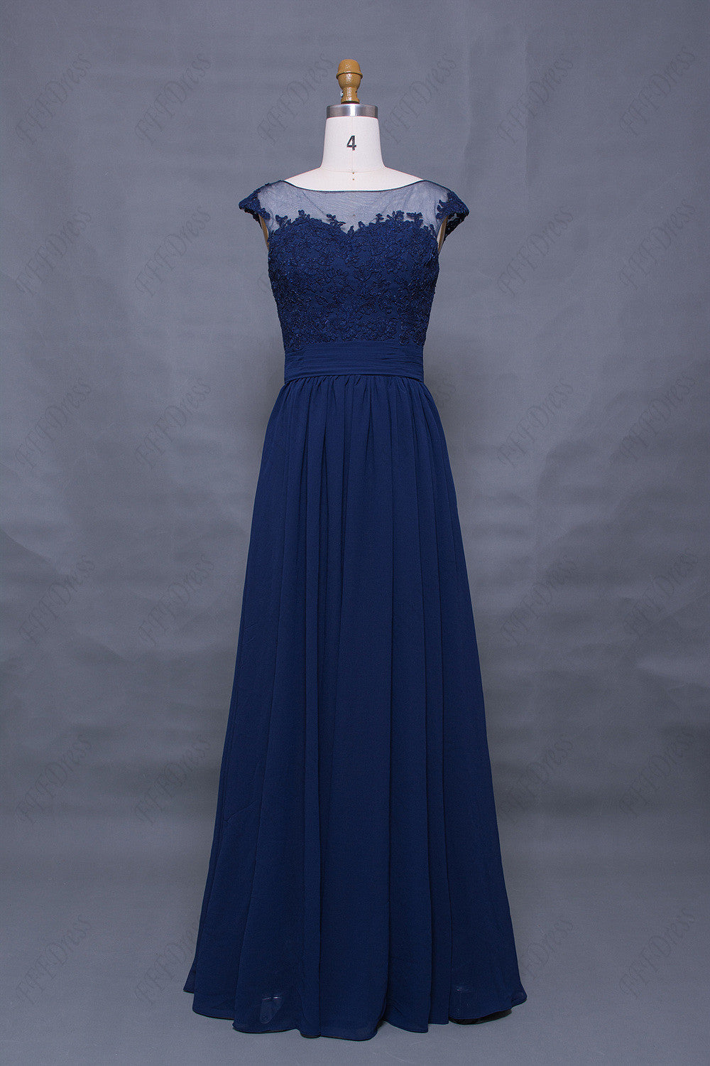 Lace modest navy blue prom dress cap sleeves long
