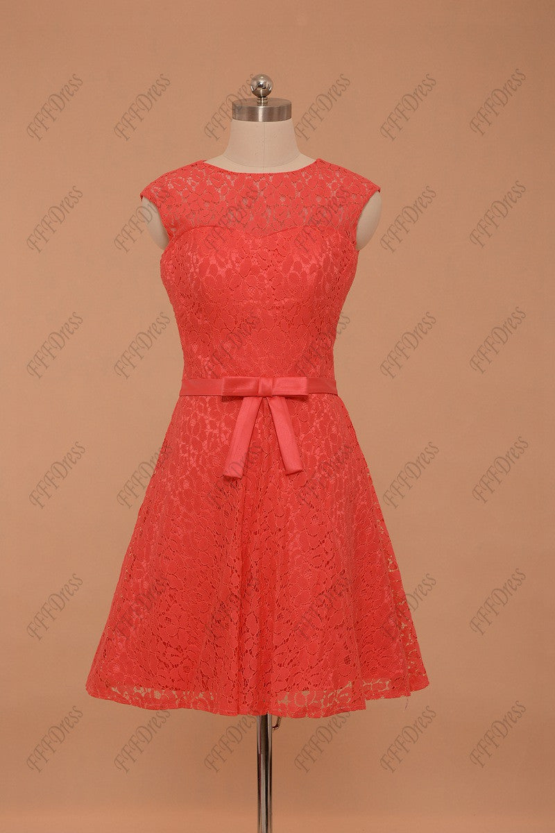 Coral lace backless prom dresses short