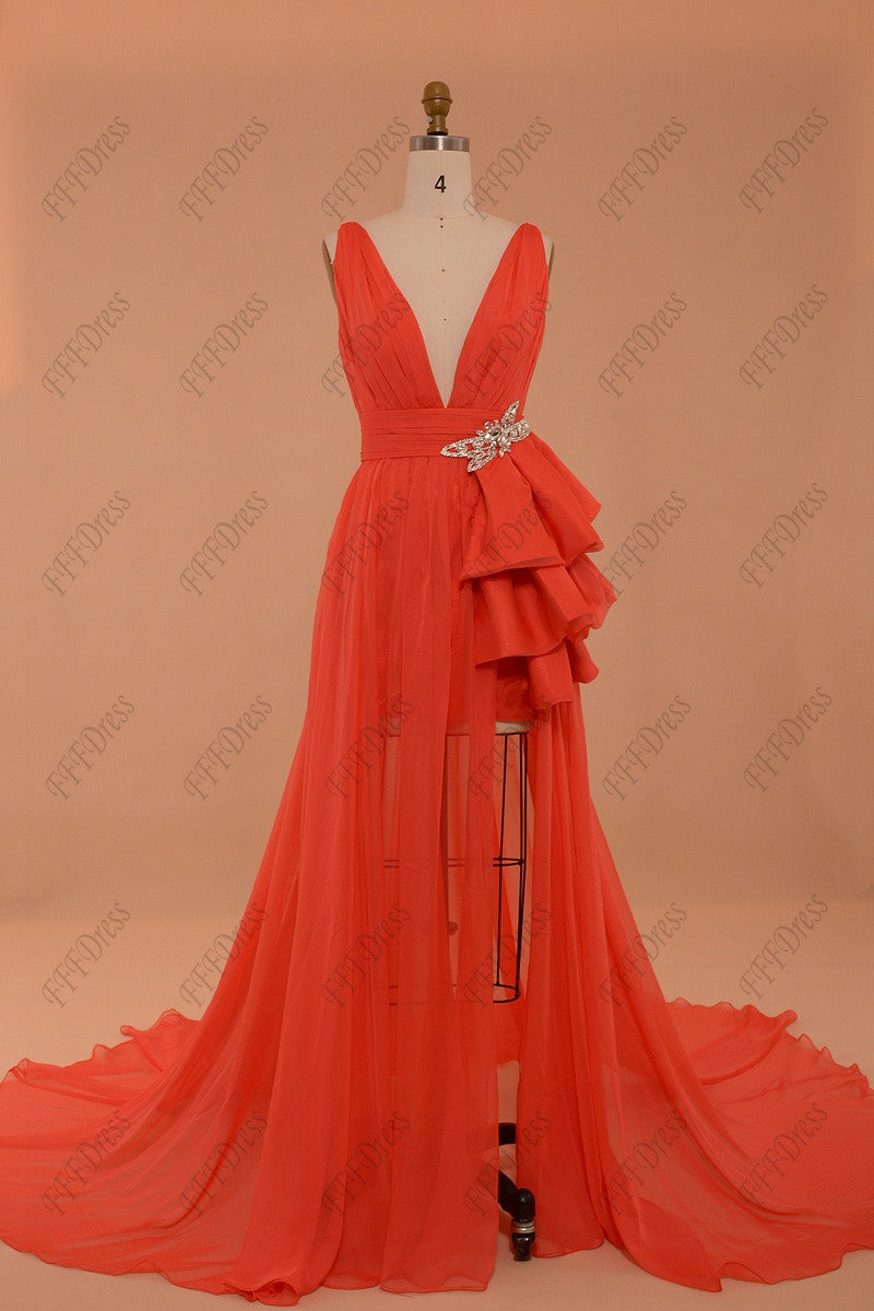 Coral sparkly long prom dresses with short lining