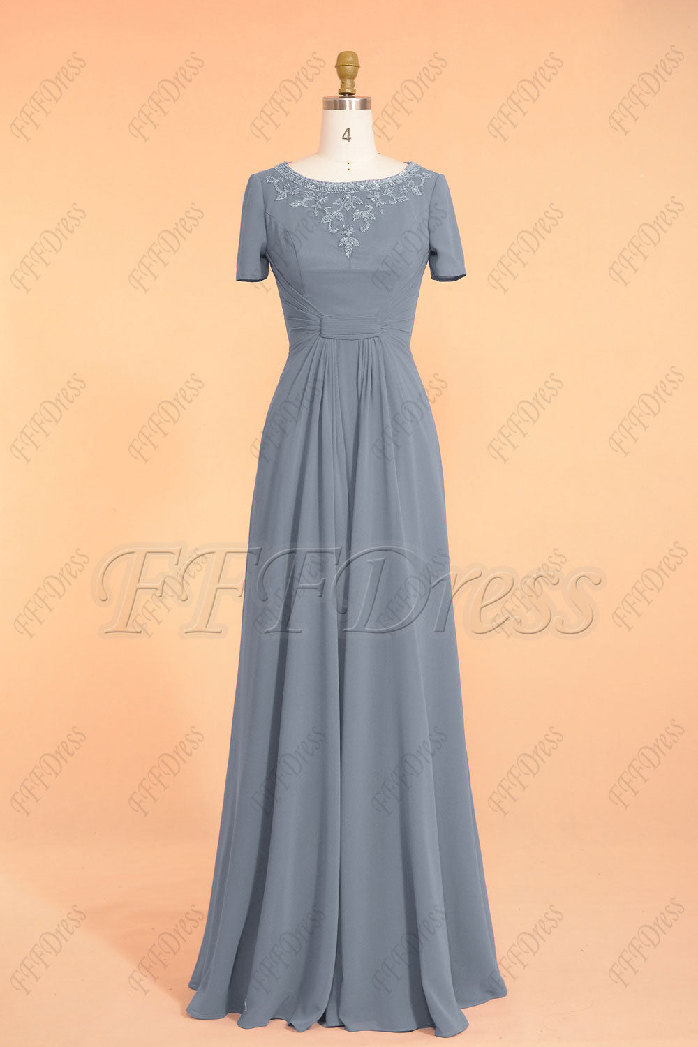 modest dusty blue bridesmaid gown with sleeves