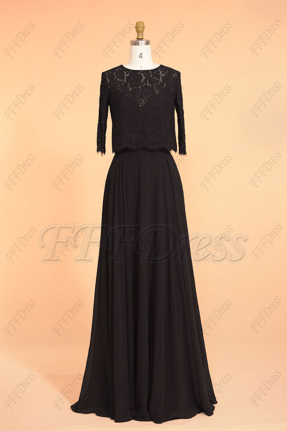 Black modest formal evening dresses with sleeves lace bolero