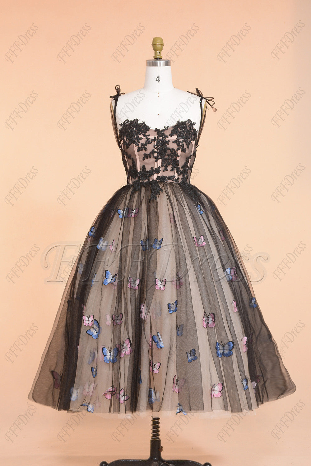 Ball gown black prom dresses with butterfly embroidery tea length