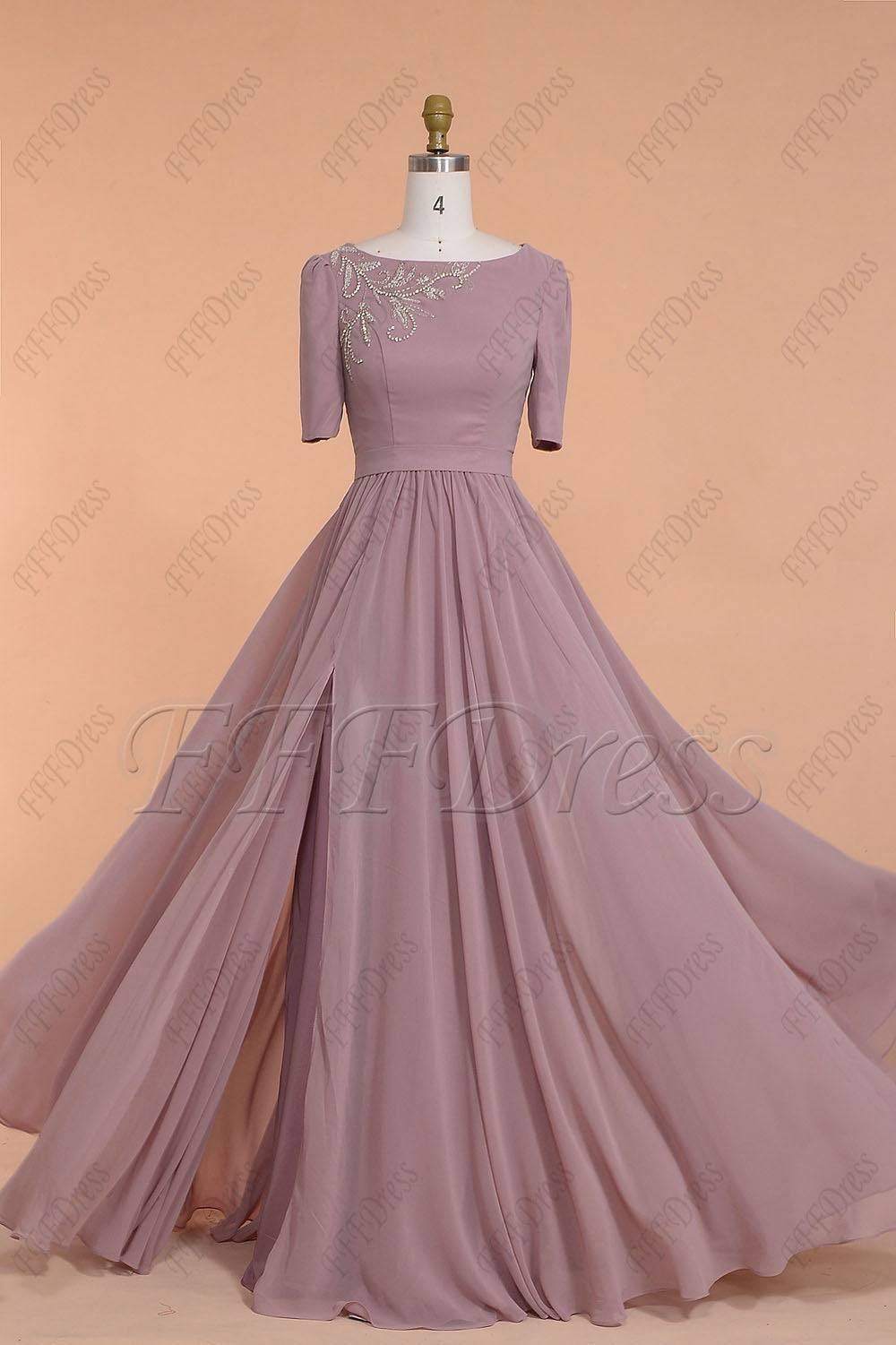 Dusty rose beaded modest slitted bridesmaid dress with sleeves