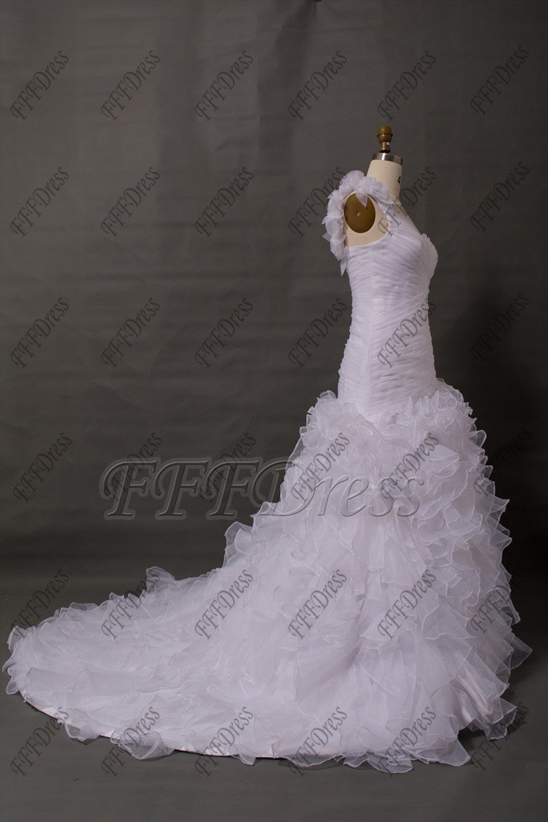 One shoulder white tiered wedding dress