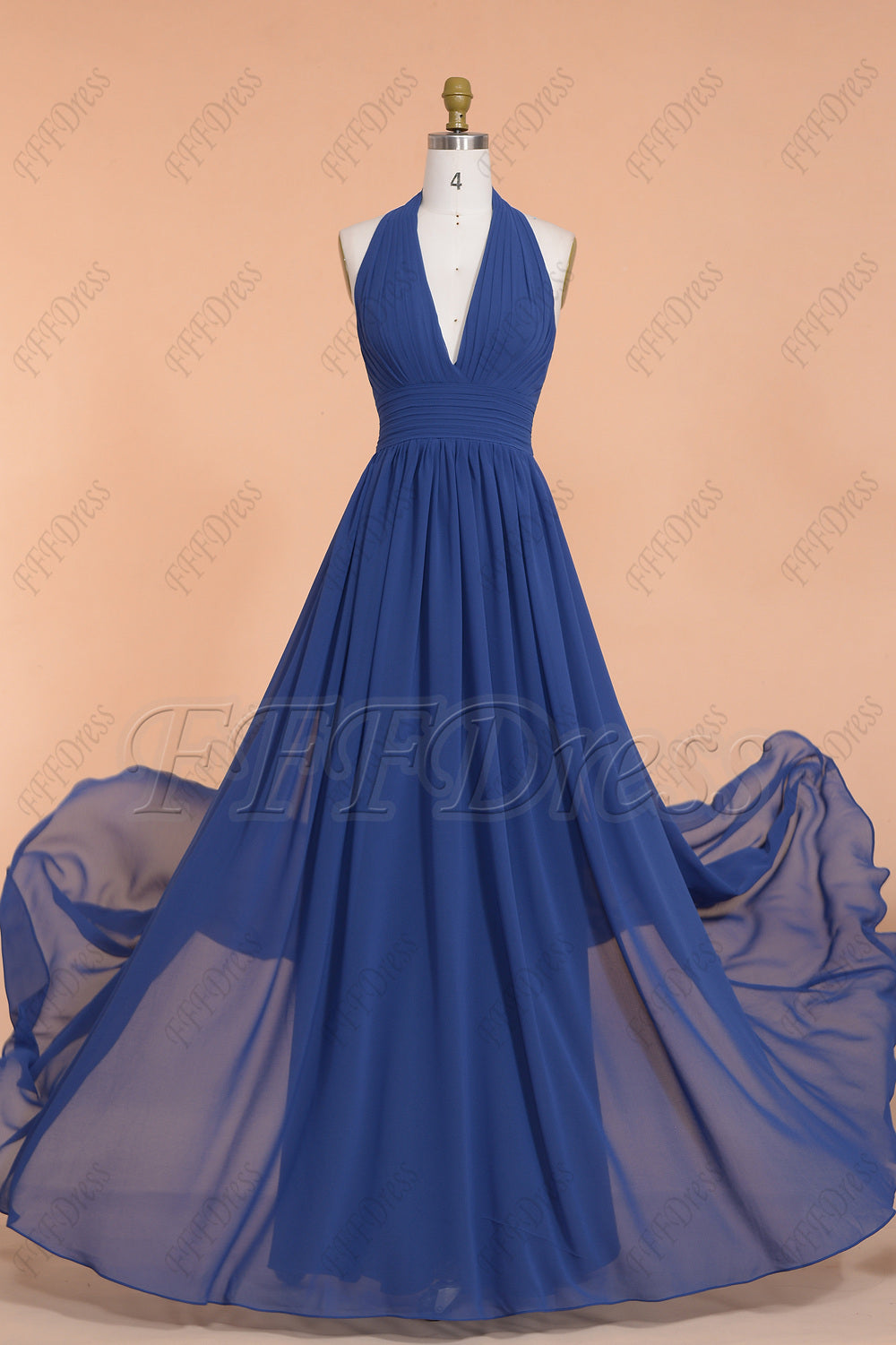 Navy Blue Halter Backless Prom Dresses Long