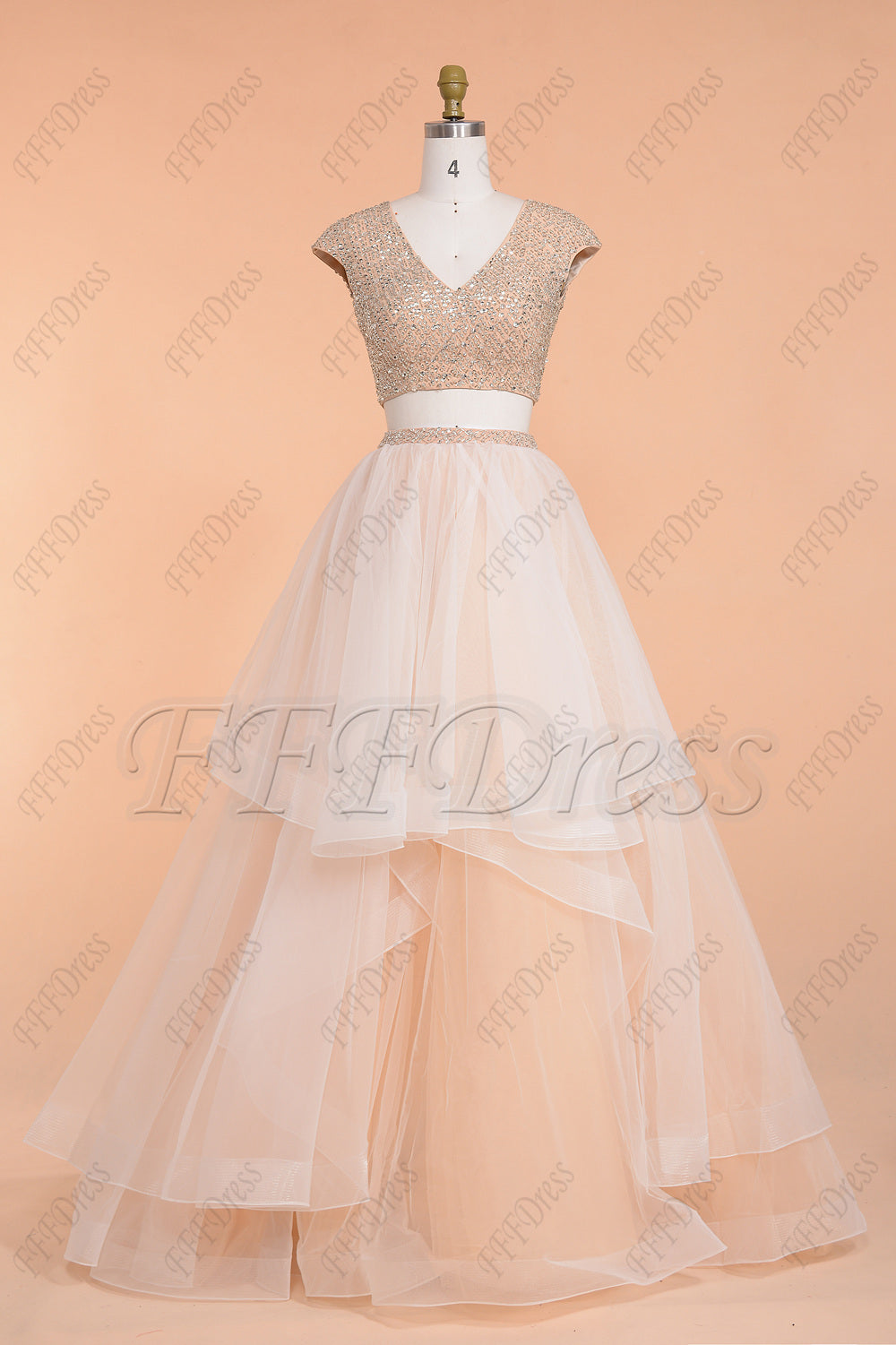 Beaded Sparkle Two Piece Tiered Backless Prom Dresses Long White Champagne