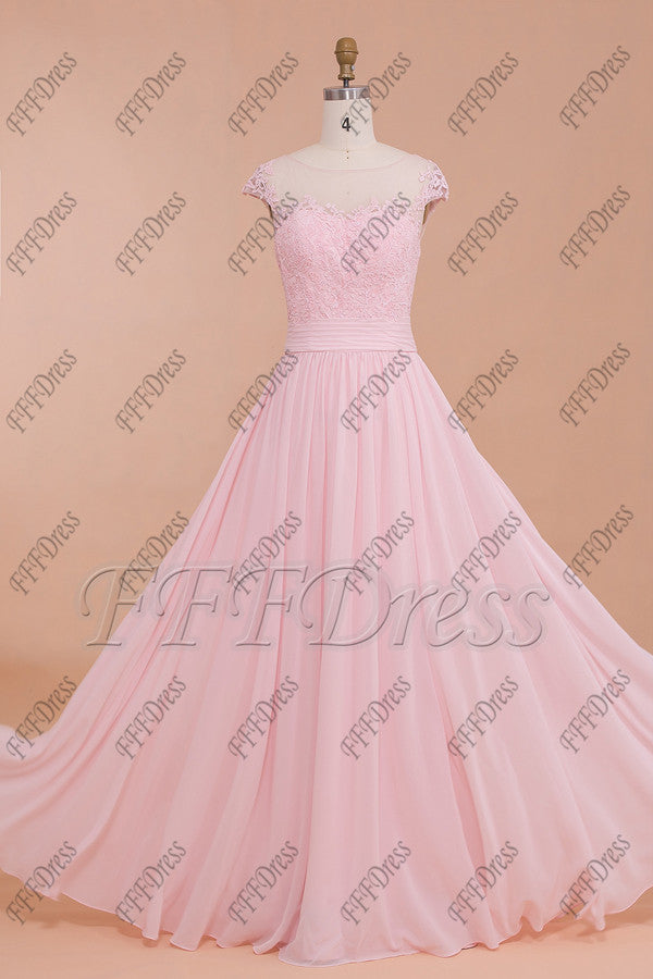 Modest Pink bridesmaid dresses Lace Long Prom Dresses