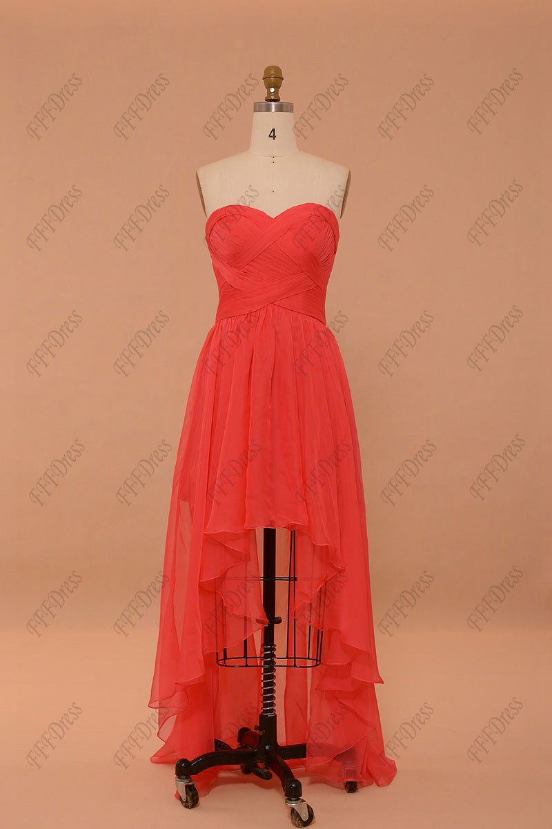 Sweetheart coral high low prom dresses