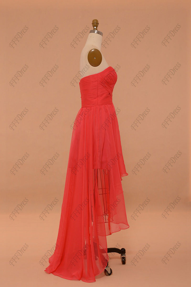 Sweetheart coral high low prom dresses