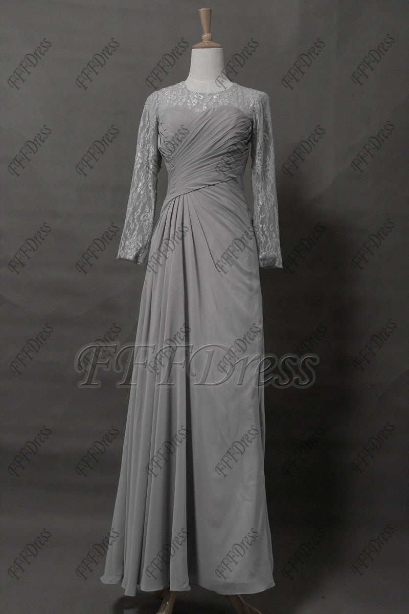 Plus Size Grey modest mother of the bride dress long sleeves