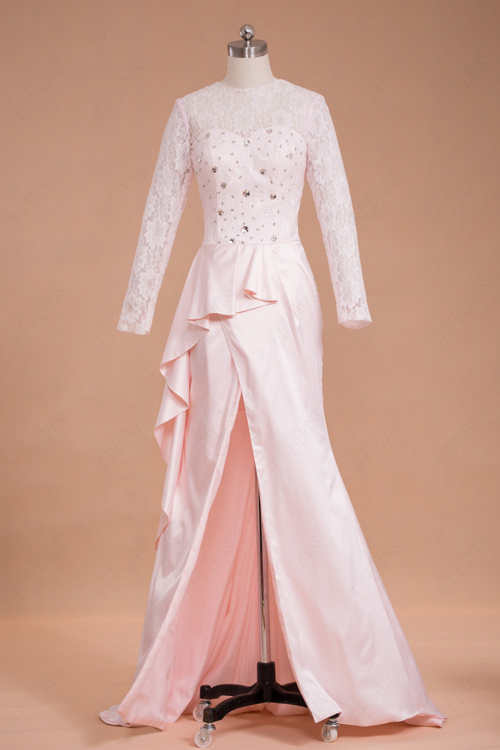 Modest pink prom dresses with long sleeves slit