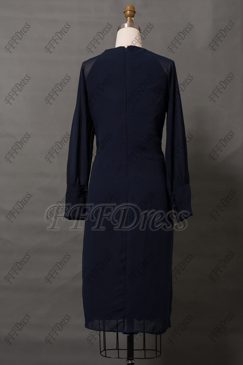 Modest navy blue mother of the bride dresses long sleeves knee length