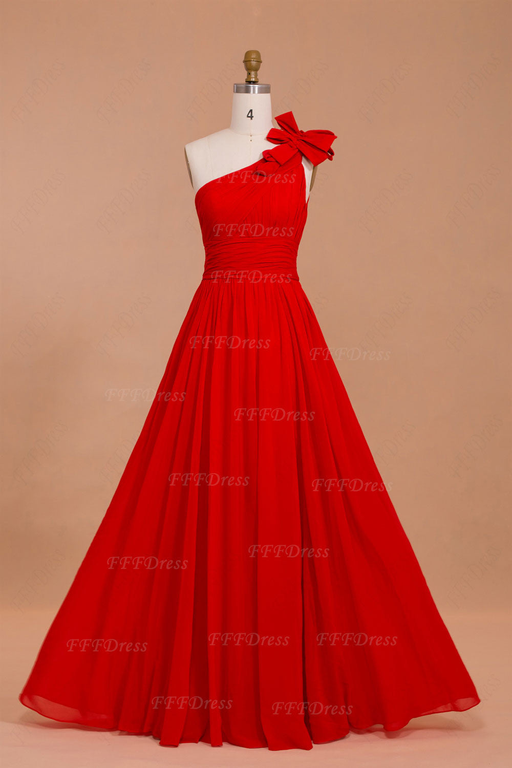 One shoulder red chiffon long prom dresses
