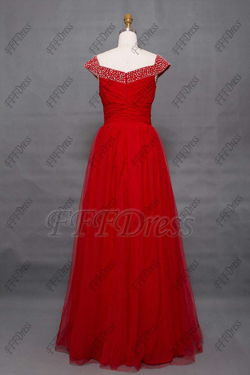 Off the shoulder beaded vintage red prom dresses long