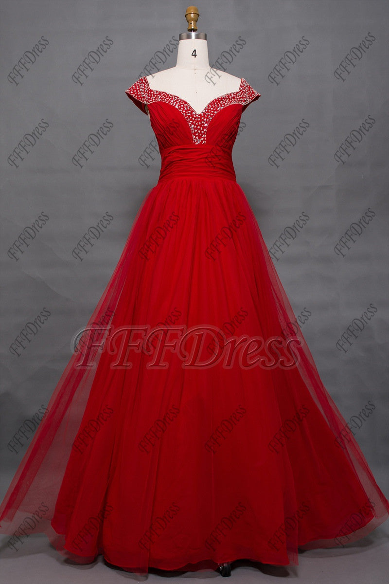 Off the shoulder beaded vintage red prom dresses long
