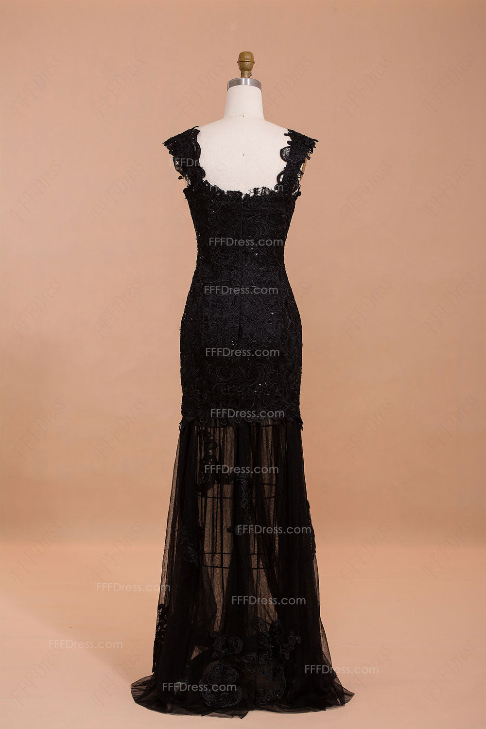 Trumpet beaded black lace prom dress with see through skirt