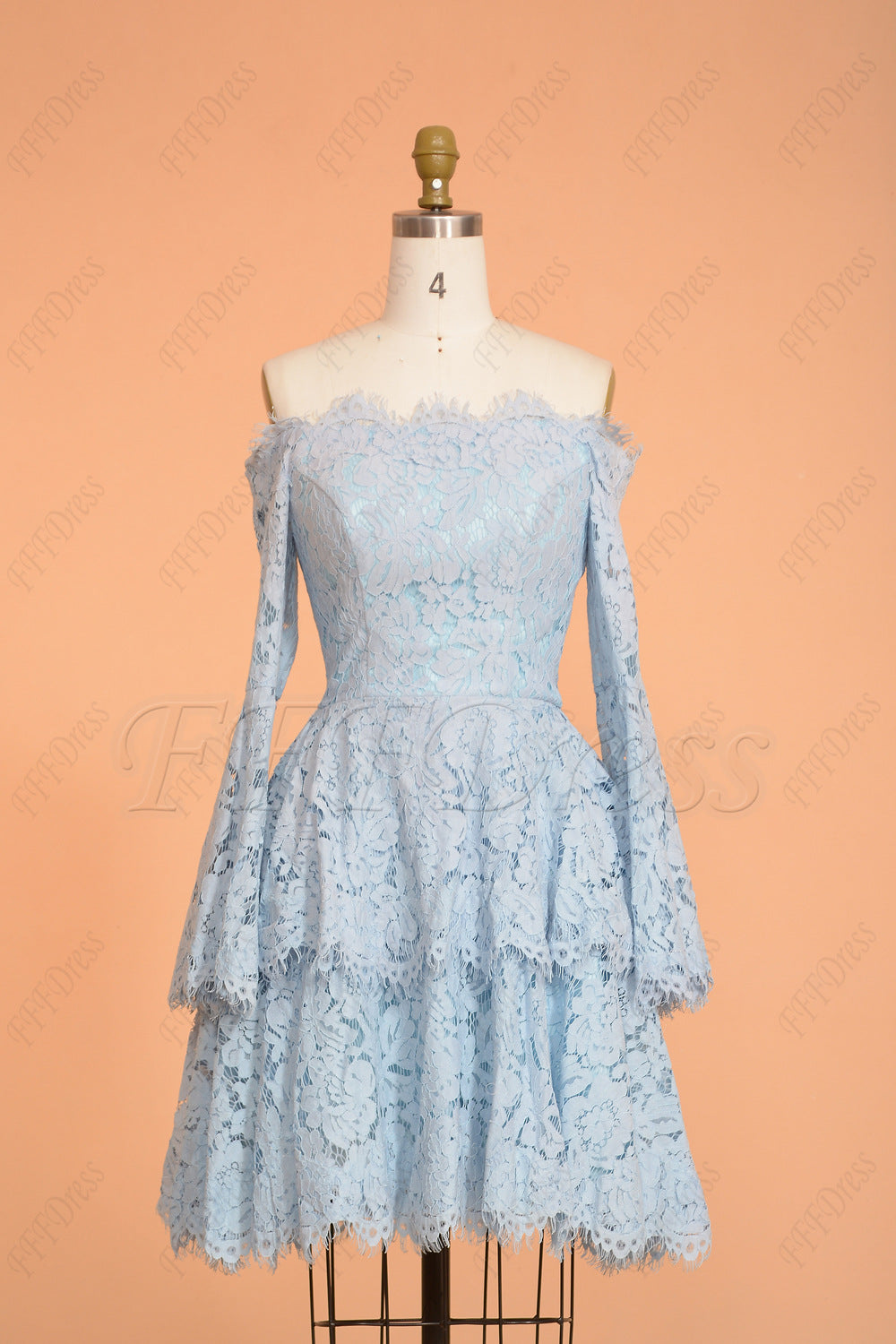 Light blue off the shoulder tiered short prom dress with long sleeves