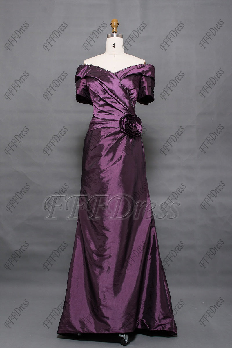 Purple off the shoulder mother of the bride dress with sleeves