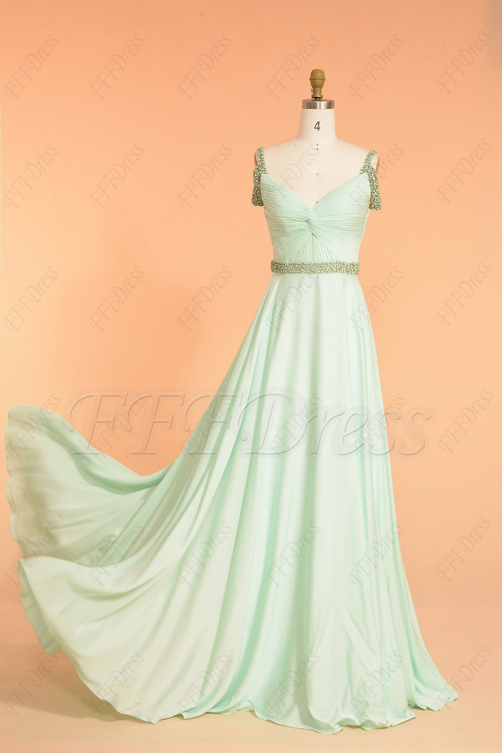 Pastel green beaded long prom dresses off the shoulder