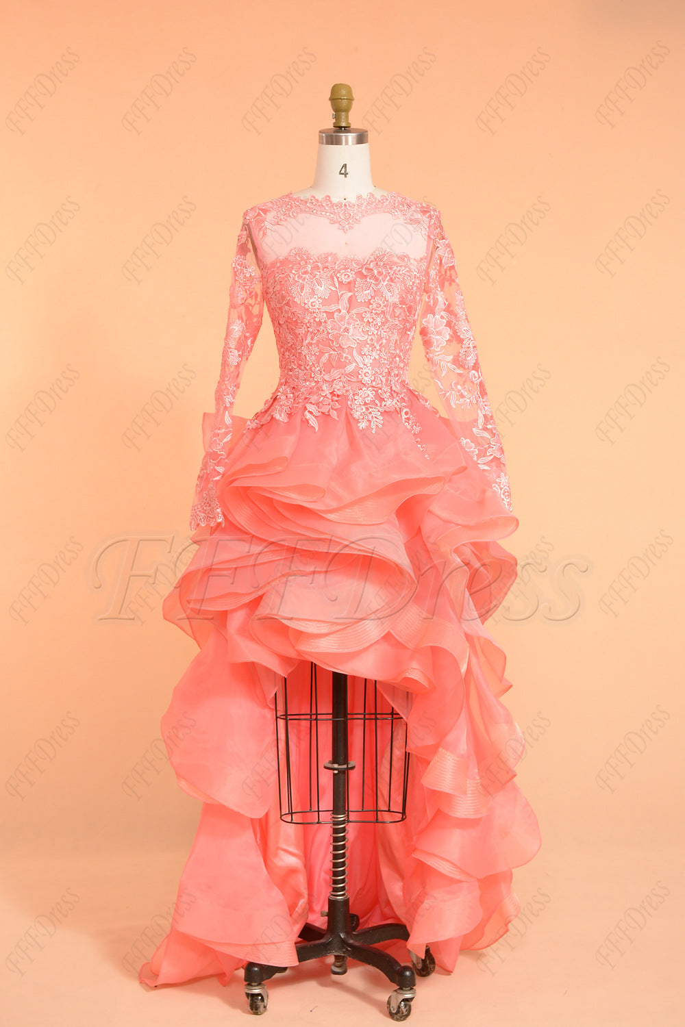 Coral High Low Prom Dresses Long Sleeves Homecoming Dresses