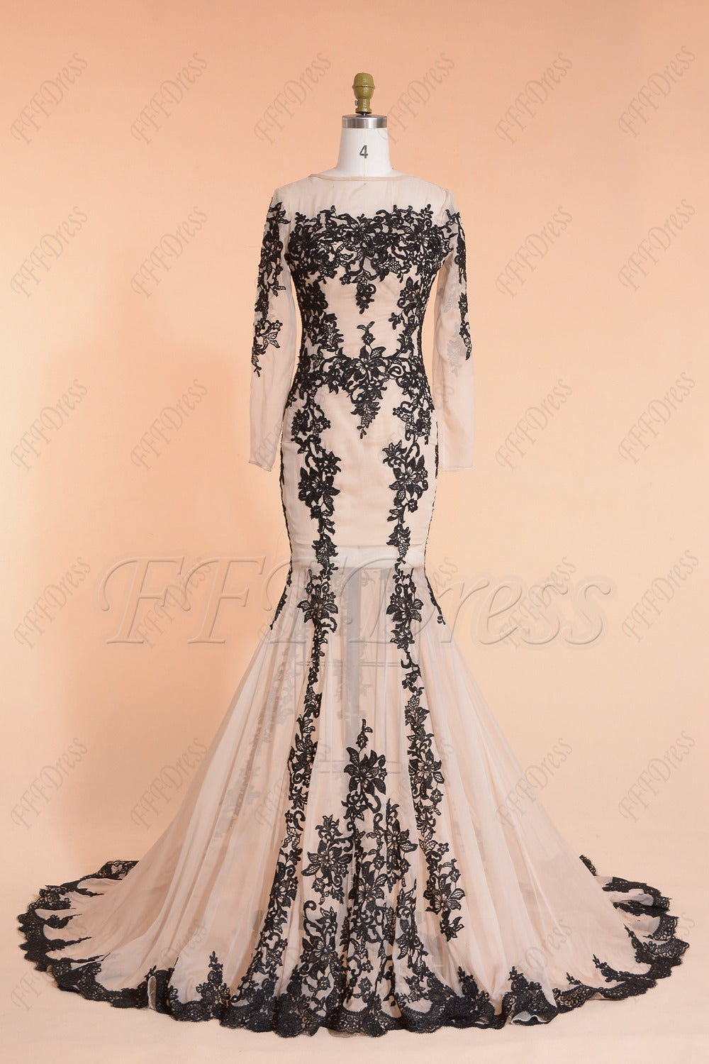 Champagne mermaid prom dresses long sleeves black embroidery