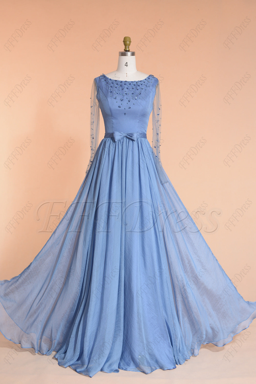 Windsor blue modest beaded prom dresses long sleeves