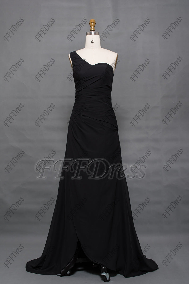 One shoulder black formal evening dresses long
