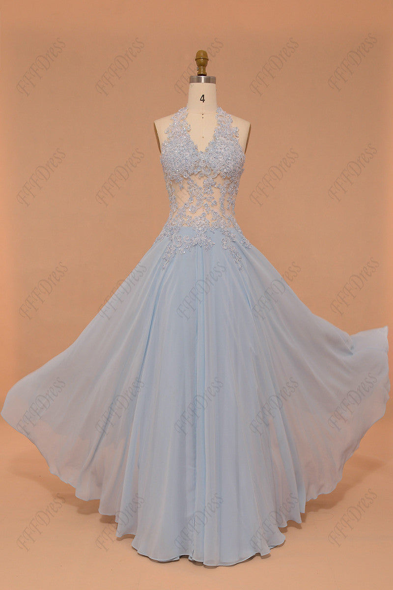 Light blue halter backless prom dresses long pageant dresses