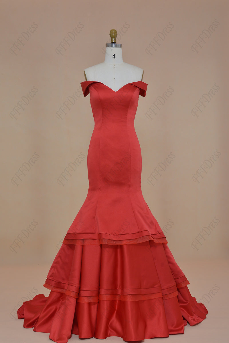 Off the Shoulder Red Mermaid Tiered Prom Dress Long