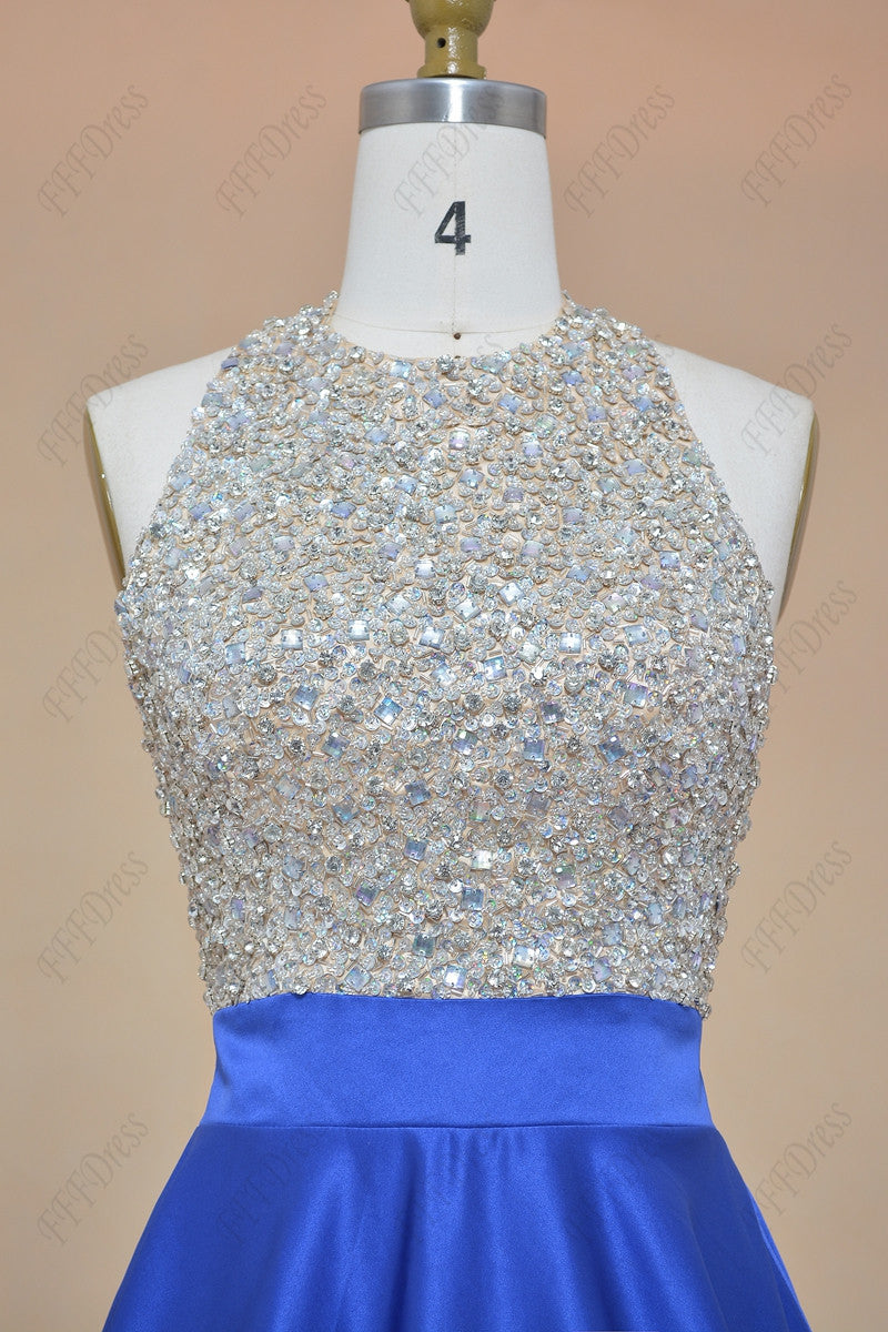 Halter crystals beaded sparkly prom dresses royal blue backless pageant dresses