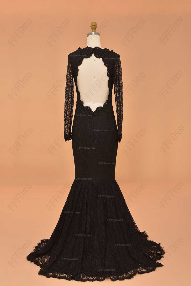 Black Lace mermaid backless prom dresses long sleeves evening dresses