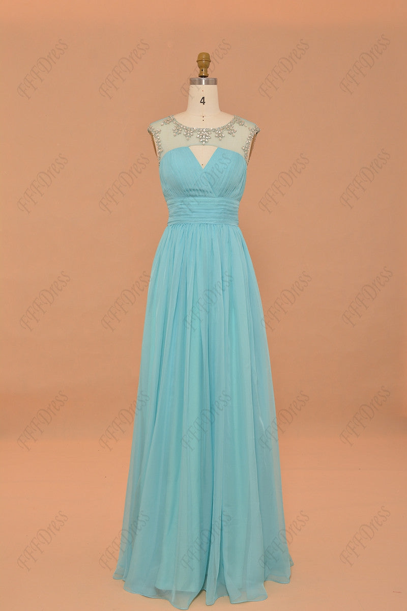 Sky blue crystal prom dresses long