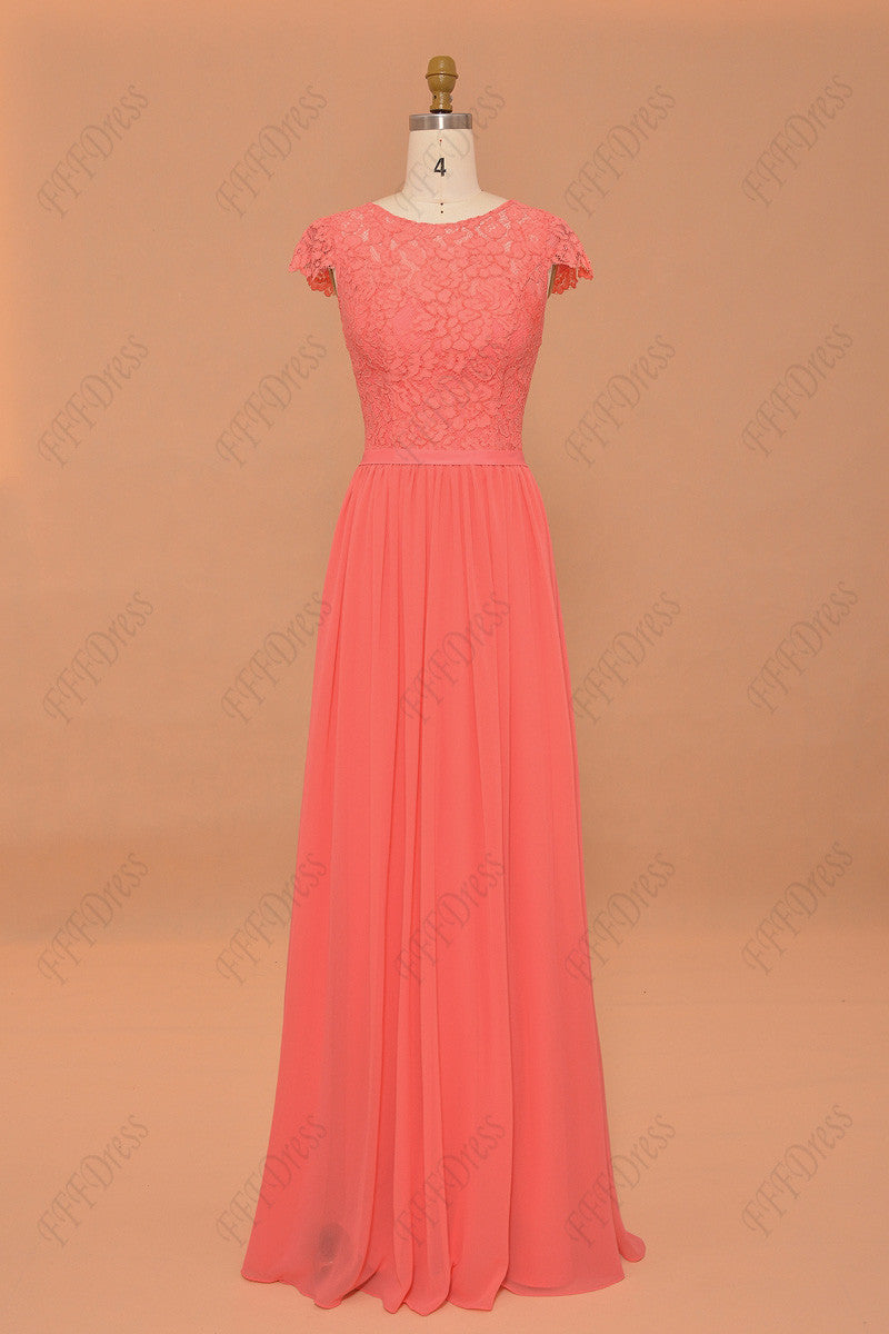 Coral bridesmaid dresses cap sleeves modest prom dresses long