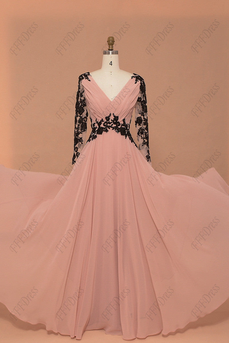 Blush modest prom dress long sleeves pageant dress with sparkly sequin black lace formal dress