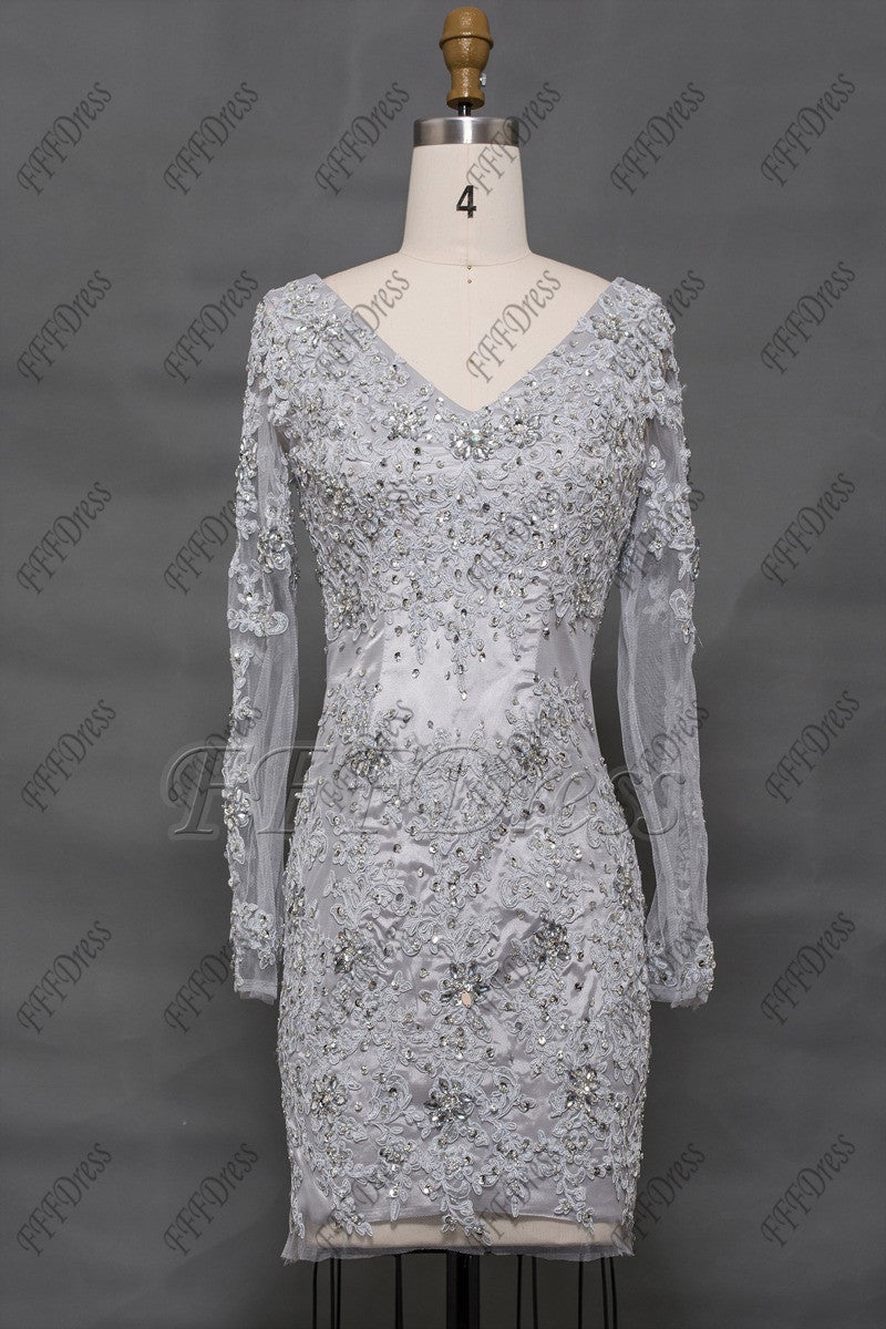 Grey Modest Sparkle white short prom dresses long sleeves