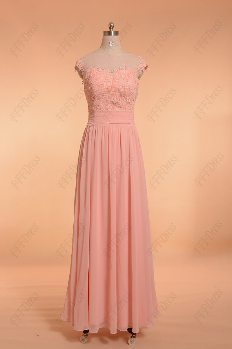 Blush pink long prom dresses cap sleeves
