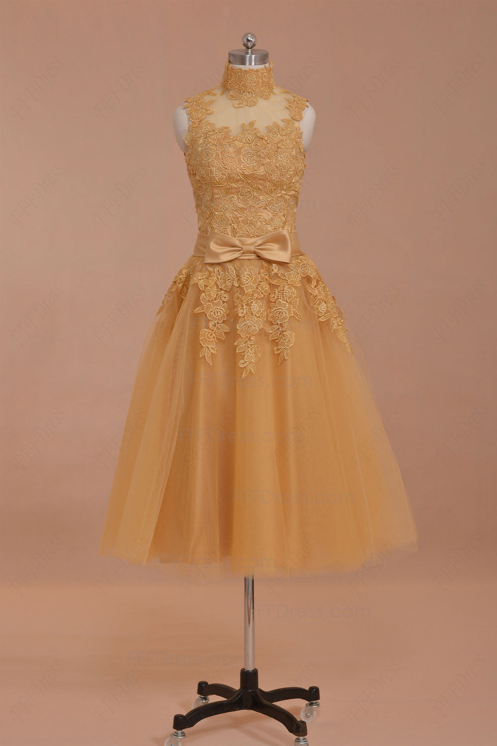 Modest vintage gold prom dresses tea length homecoming dresses