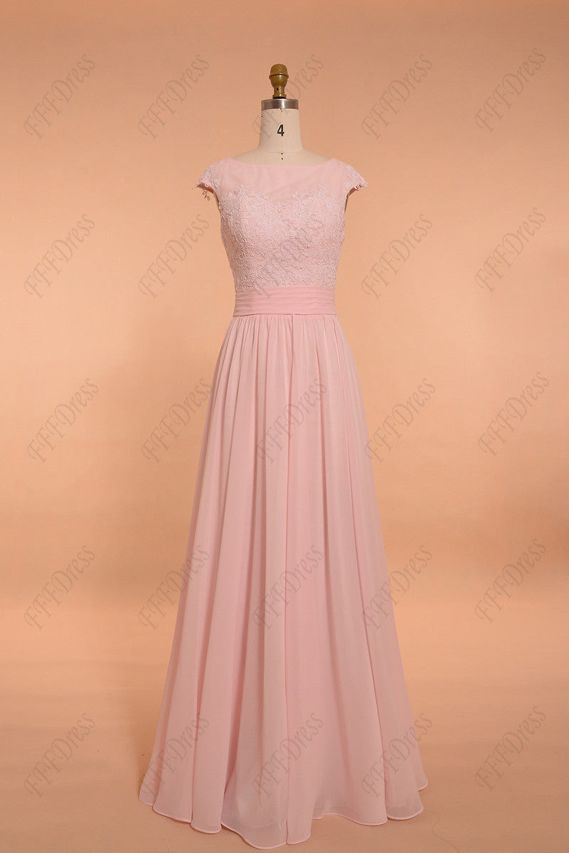 Light pink bridesmaid dress with cap sleeve modest evening dress
