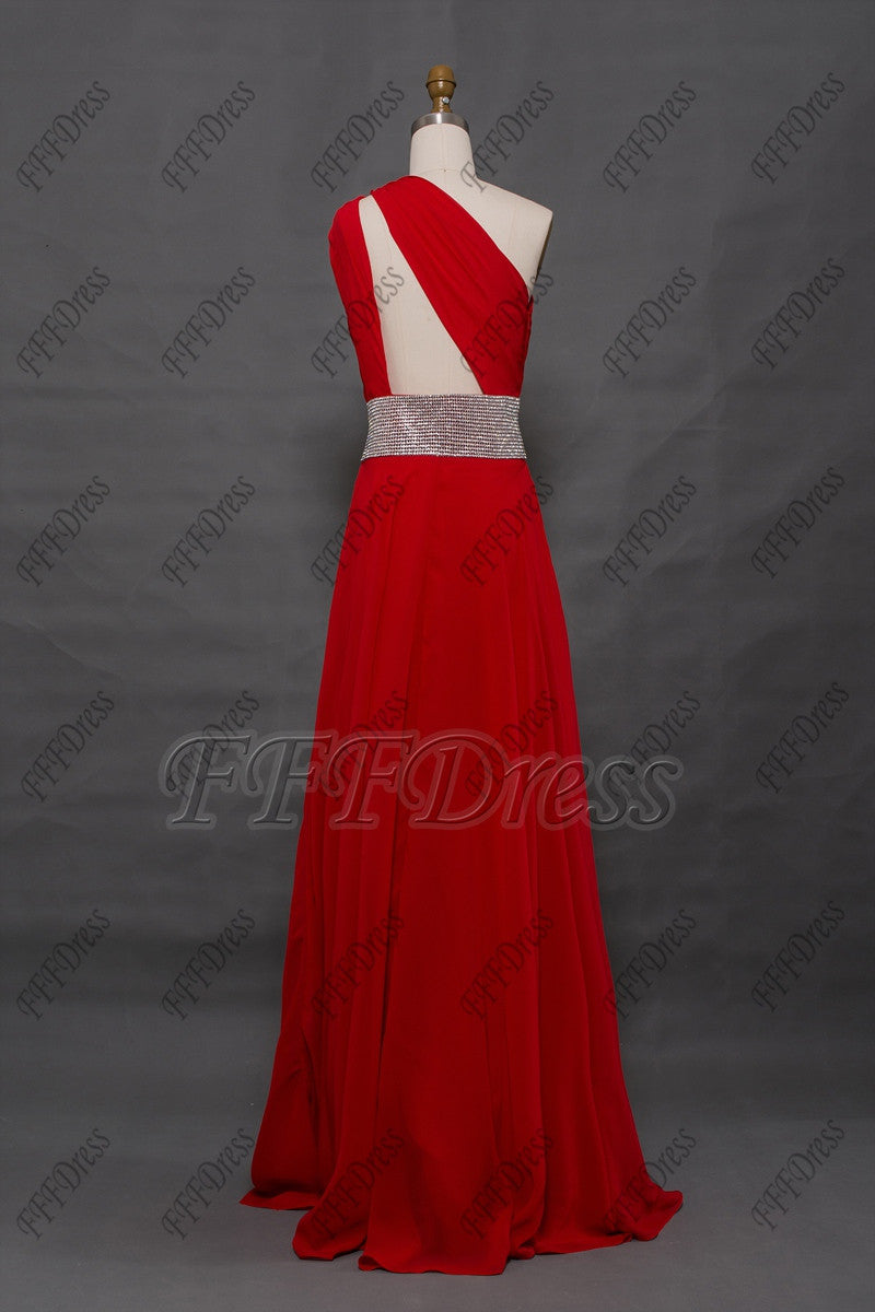Red chiffon long prom dress with sparkly waist