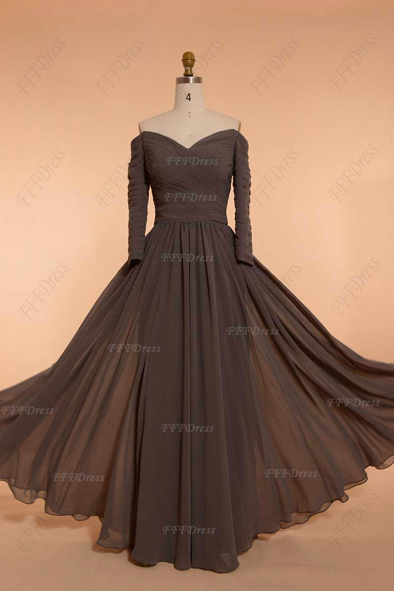 Chocolate brown off the shoulder bridesmaid dresses three quarter sleeves