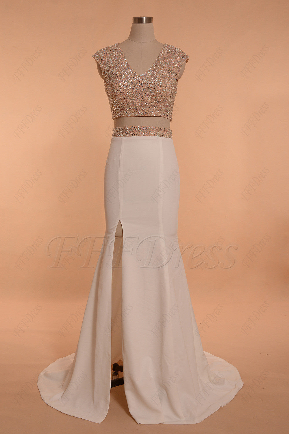 Crystal Beaded champagne Mermaid Backless two piece prom dresses long with Slit