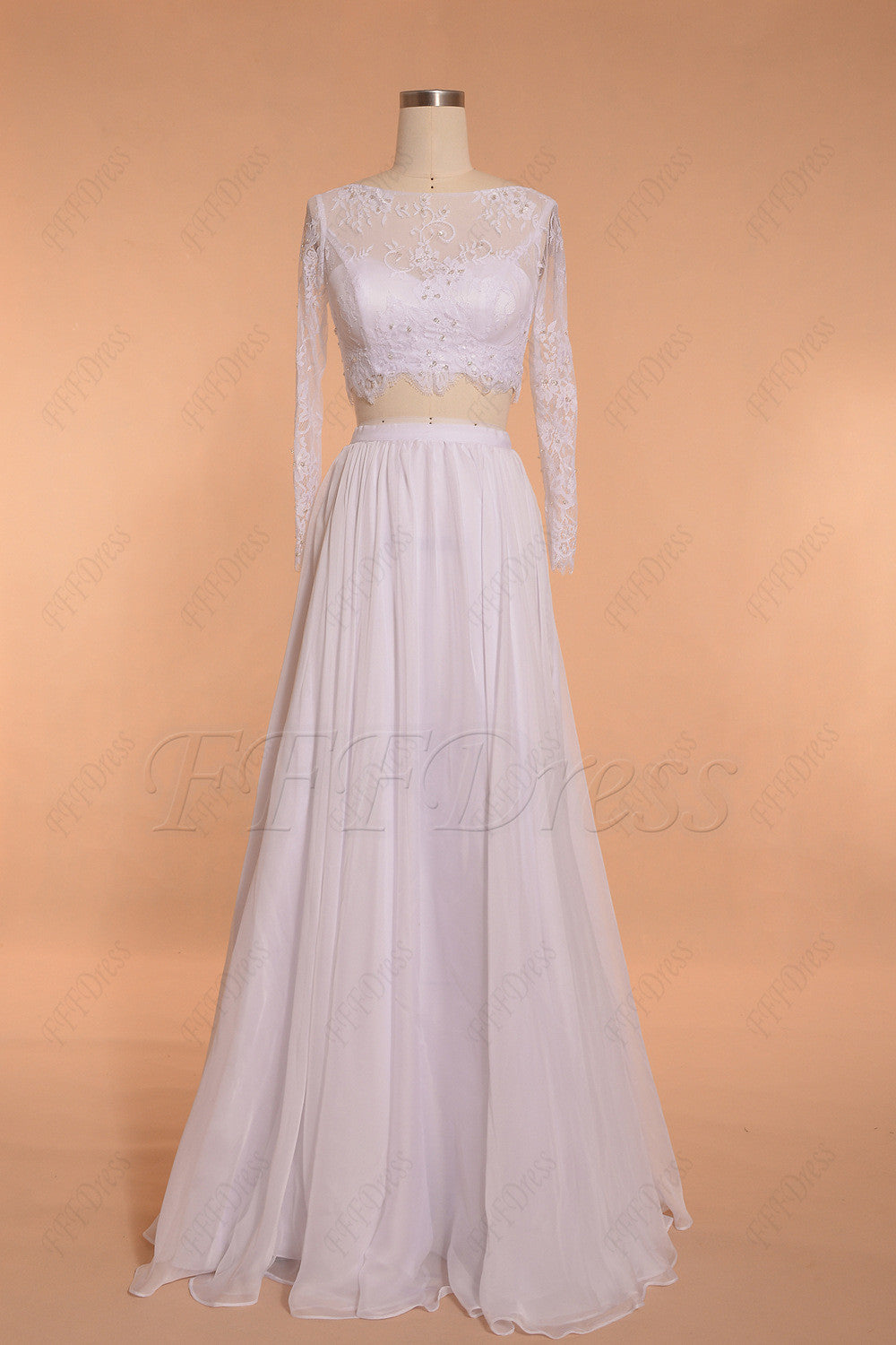 Two Piece Lace Chiffon Beach Wedding Dress Long Sleeves