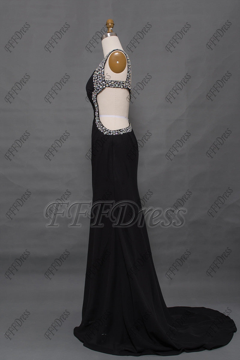 Backless black crystal prom dress long