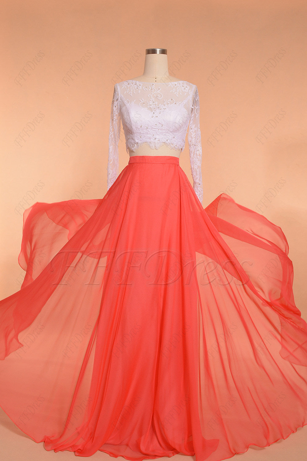 Coral white two piece bridesmaid dresses long sleeves