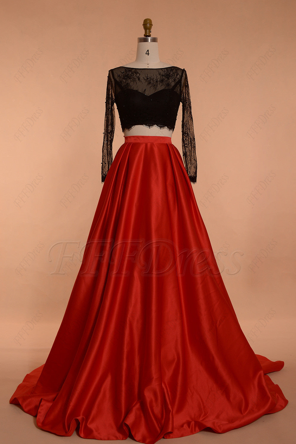 Black Red Ball Gown Two Piece Prom Dress Long Sleeves